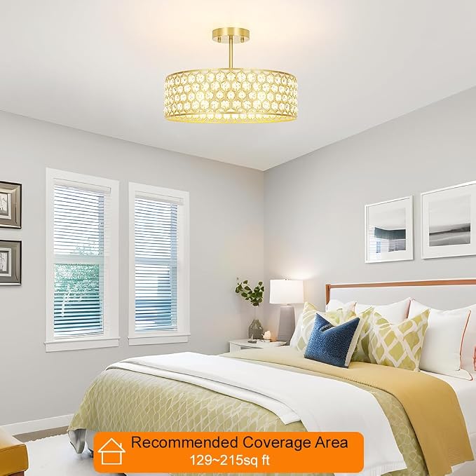 Lxybcce Gold Crystal Ceiling Light Fixture - Modern Semi Flush Mount Ceiling Chandelier Lighting for Kitchen, Dazzling Prism Chandelier for Bedroom, Bathroom, Dining Room, 5 Light, 16 in