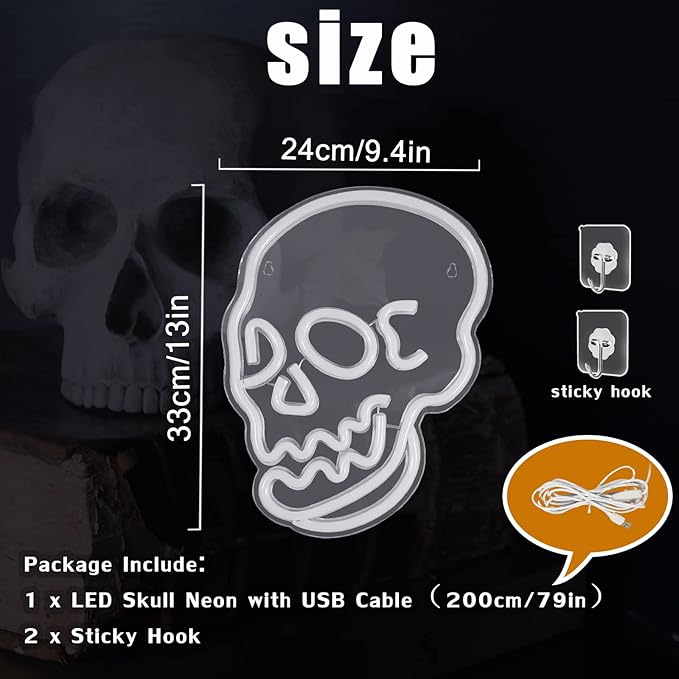Halloween Decoration Skull Neon Sign, White LED Skull Shape Neon Wall Light Signs Decor, Wall Night Lights Cool Neon Sign Decor for Room Bedroom Bar Christmas Halloween Birthday Party Supply