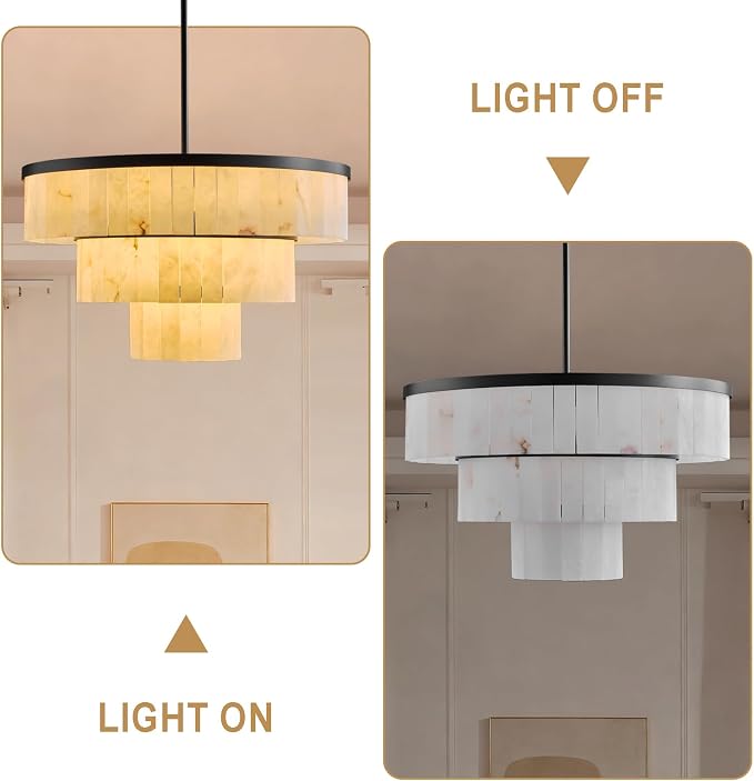 D34.3 Round Alabaster Chandelier, 3-Tier Brass Marble High Ceiling Chandeliers, Modern Dining Room Chandeliers Living Room Light for Entryways, Foyer, Stair, Kitchen Black(Include Bulbs)