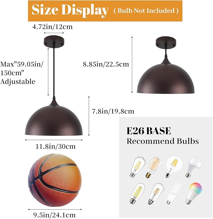 Farmhouse Pendant Light 2 Pack, Vintage Pendant Light Fixtures, 11.8 inches Dome Kitchen Pendant Lights, Industrial Pendant Lights for Kitchen Island Dining Room, Oil Rubbed Bronze Finish