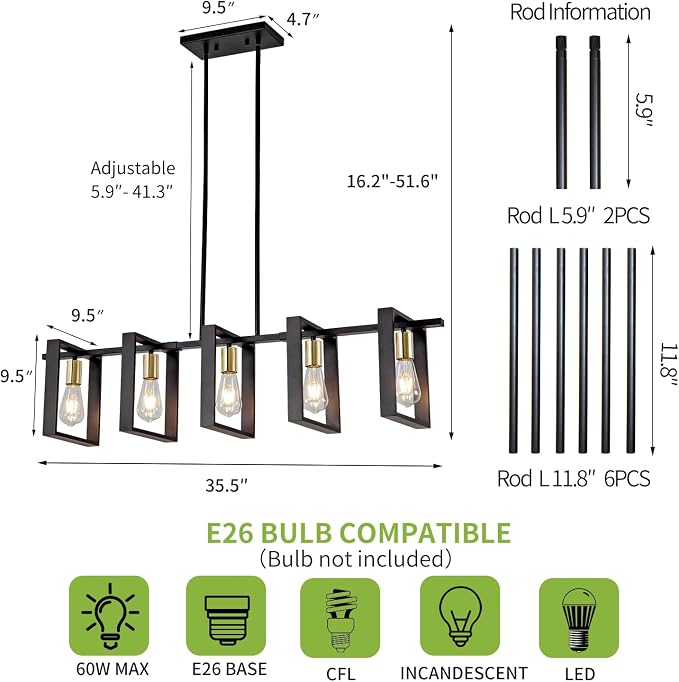 Farmhouse Kitchen Island Lighting Black Dining Room Lights Ceiling Hanging Rustic 5 Lights Wood Chandelier Light fixtures 41.3" Height Adjustable