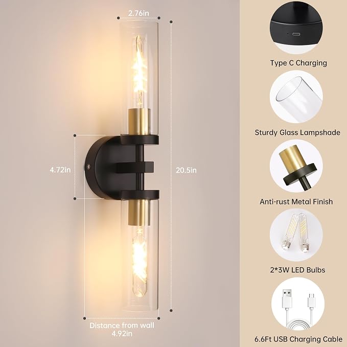 Shenmoyl Battery Operated Wall Sconces Set of Two,21" Black & Gold Rechargeable Wall Lighting Fixtures, Dimmable Wall Lights with Remote & Clear Glass Shade for Living Room,Bathroom,Bedroom