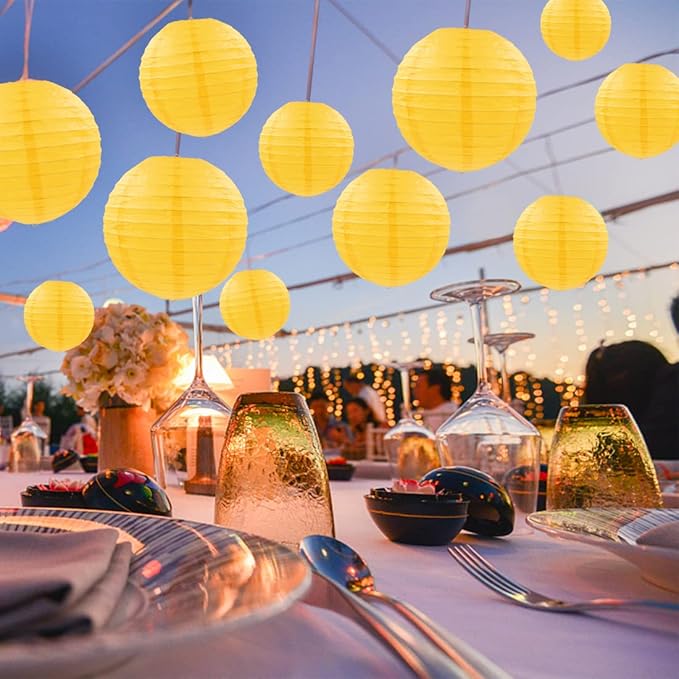 Yellow Paper Lanterns 12 Pcs Assorted Size of 6" 8" 10" 12" Chinese Round Paper Hanging Decorations Ball Lanterns Lamps for Home Decorations, Parties, and Weddings