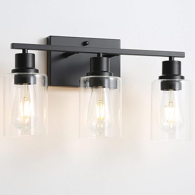 Bathroom Vanity Light Fixtures, 3-Light Matte Black Bathroom Lights, Wall Sconces with Clear Glass Shade for Hallway Farmhouse Bedroom Living Room