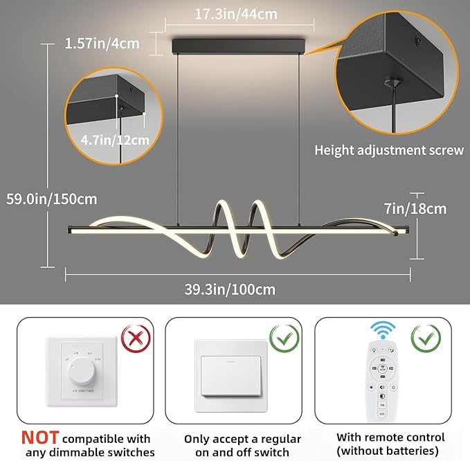 Modern LED Pendant Lights, Ceiling Chandelier Dimmable with Remote Control 3000k-6000K Adjustable Color Temperature, Aluminum Island Lighting Lamp Fixture for Kitchen, Dining Room(39in Black)