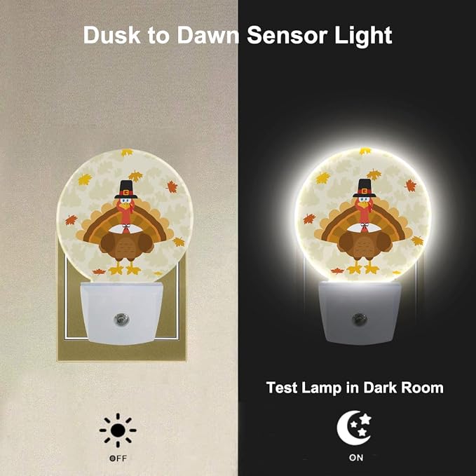 Cute Holiday Turkey Plug-in Nightlight Happy Thanksgiving Autumn Maple Leaves Orange Night Light LED Dusk-to-Dawn Sensor for Boys Girls Gifts Bedroom Playroom