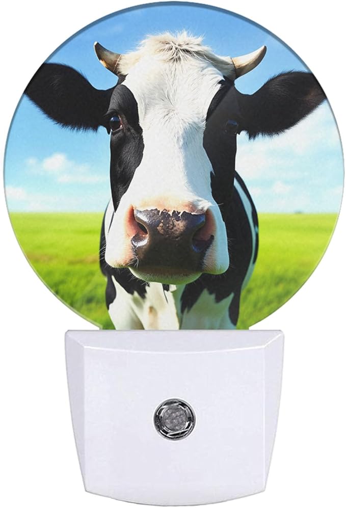EKOBLA Milk Cow Night Light Farm Animal Black and White Cow Green Grass Blue Sky Night Lights Plug into Wall Auto on/Off Led Nightlight for Bedroom Bathroom Living Room Kitchen Hallway