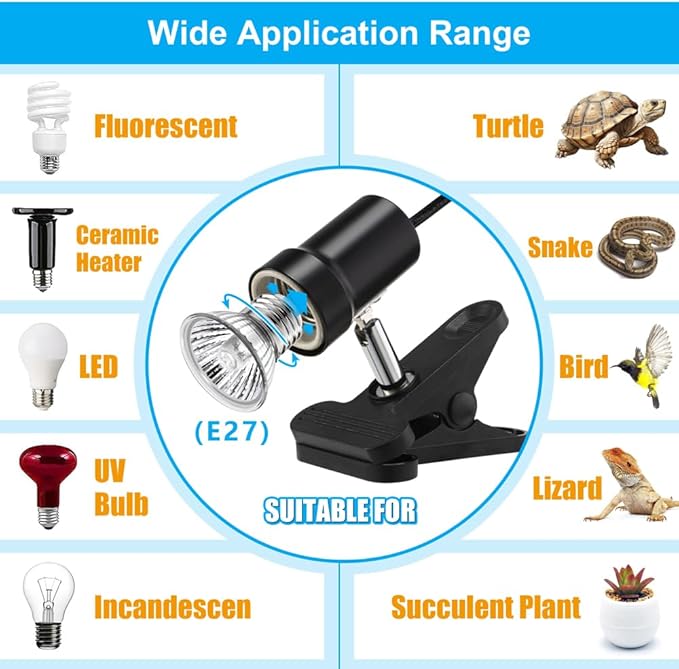 Reptile Heat Lamp Rotatable Turtle Heating Light with 50W UVA UVB Heat Bulb Simulated Sunlight Basking Spot Lamp with Clamp for Reptiles Lizard Amphibian Bearded Dragon Snake (With Timer&Dimmer)