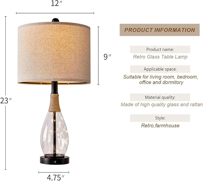 Bedside Table Lamp with USB, 23‘’ Black Modern Nightstand Lamps for Bedroom, Retro Rattan Table Lamps for Night Stands, Living Room, Farmhouse Table Lamp with Glass Nightlight Lamps