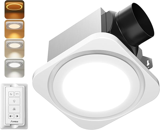 Amico Bathroom Exhaust Fan with Light, 80 CFM, 1.0 Sones, 3CCT & Nightlight | Ceiling Opening 7.6'' x 7.3'', Retrofit Ventilation Fan with 1400LM 18W LED Light, 3000K/4000K/5000K, Remote, FCC Certified