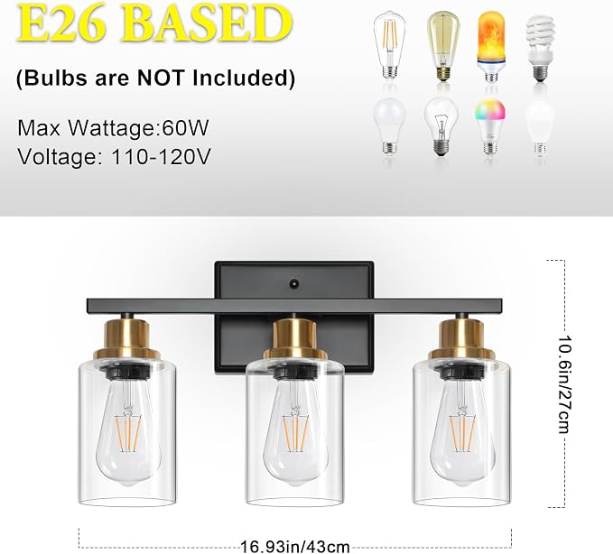 Ascher Bathroom Vanity Light Fixtures, 3 Light Wall Sconces Lighting with Clear Glass Shade, Black and Gold Wall Lights for Mirror, Kitchen, Living Room, Hallway, E26 Base (Bulbs Not Included)