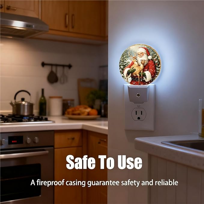 Plug-in Festive Christmas Scene Night Light Santa Claus with Deer Nightlight with Dusk to Dawn Sensor, Auto On/Off 0.5W Energy-Saving LED Lighting for Men Women Boys Girls Gift