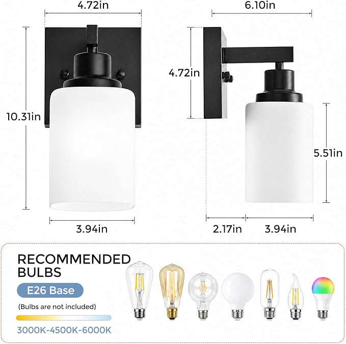 Set of 2 Wall Sconces for Bathroom, Black Bathroom Vanity Light,Modern Wall Sconces Indoor with Square Frosted Glass,Farmhouse Wall Lamp for Bedroom Living Room Mirror Hallway
