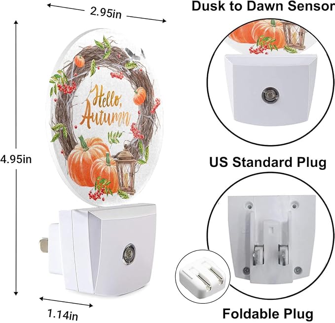 Hello Autumn Plug-in Nightlight Maple Branch Wreath Pumpkin Rowan Autumn Berries Leaves Fall Night Light Auto Dusk-to-Dawn Sensor LED for Men Women Boys Girls, LEDLAMP3018