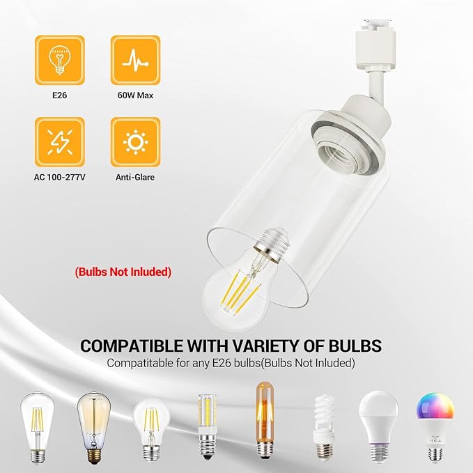 J Type E26 Track Lighting Heads, Clear Glass Shade, 4 Pack, White | Track Light Fixtures for Kitchen and Accent Lighting | No Bulbs Included | Compatible with J Track Rails