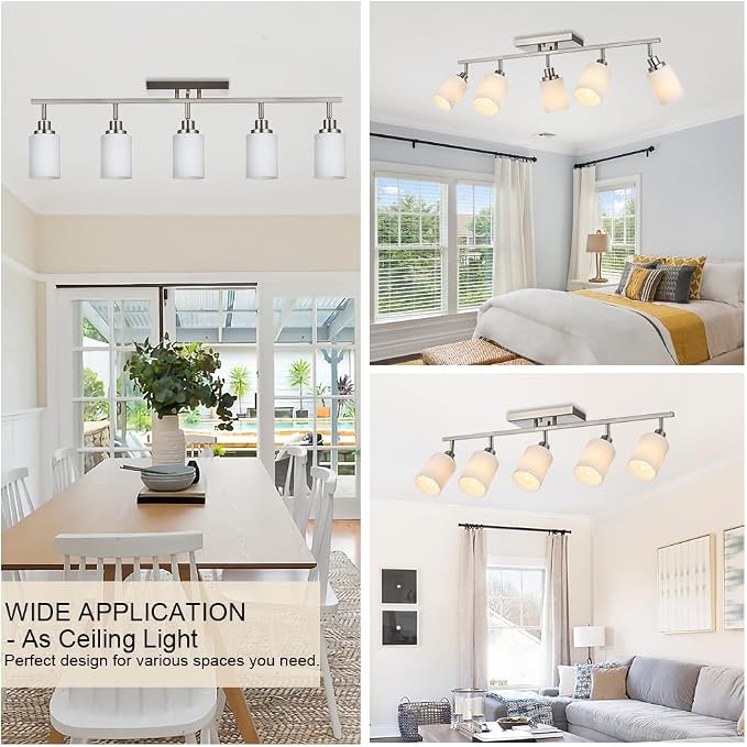 5-Lights Complete Track Lighting Kits in Brushed Nickel, Modern Spotlight Ceiling Lighting with Opal White Glass, E26 Bulb Base
