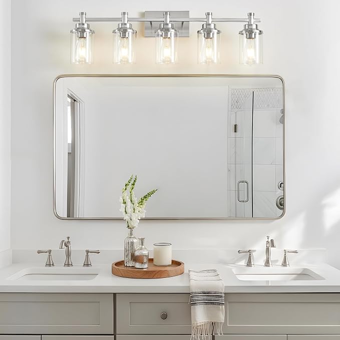 5 Lights Bathroom Light Fixtures, Brushed Nickel Vanity Light with Clear Glass Shade,Modern Wall Sconce for Mirror Bedroom Hallway Farmhouse Kitchen