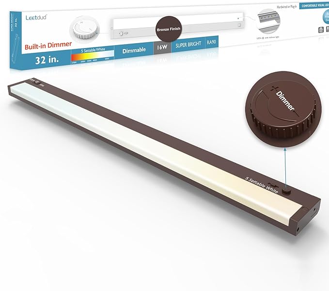 Under Cabinet Lighting Plug in or Hardwired Built-in Dimmer, 32 Inch 16W, 5CCT 2700/3000/3500/4000/5000K, Linkable Counter Lights for Kitchen, ETL Dimmable LED Light Fixture, Bronze