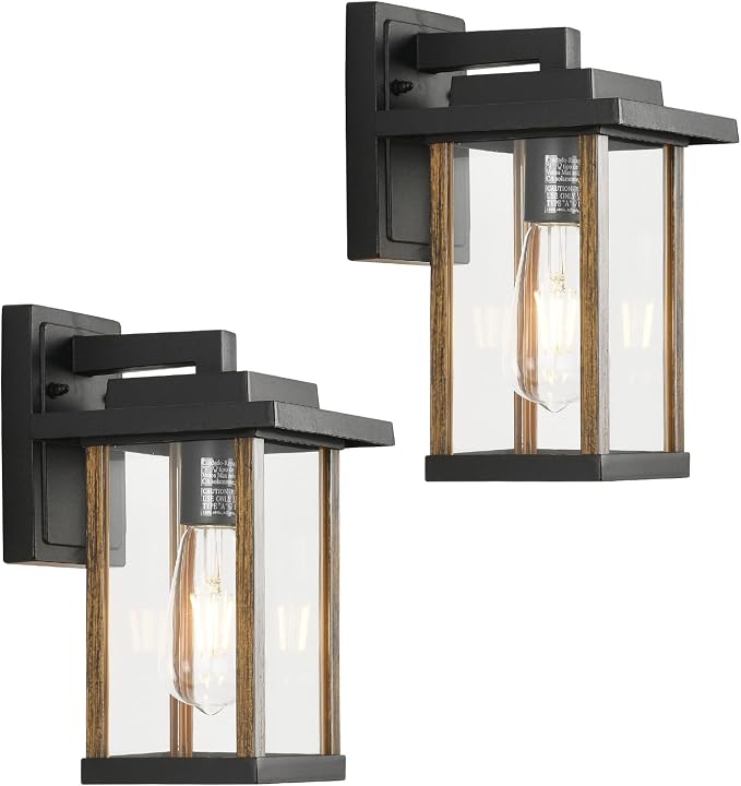 2 Pack Outdoor Wall Sconce Outside Porch Light in Wood Grain & Black