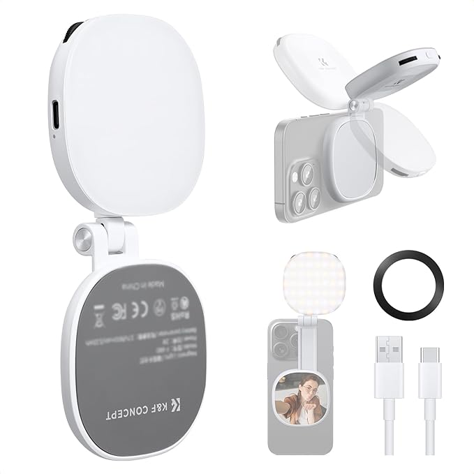 K&F CONCEPT Magnetic Selfie Light with 360°Rotation & Mirror, CRI95+ Foldable Phone Ring Light Compatible with iPhone Magsafe/Android, Portable LED Fill Light for Photography/Vlogging