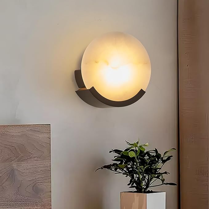 1-Light Black Modern Wall Sconces for Bedroom, Round Sconce Wall Light Fixture for Bathroom, Alabaster Sconce Lighting for Living Room, 1 Pack