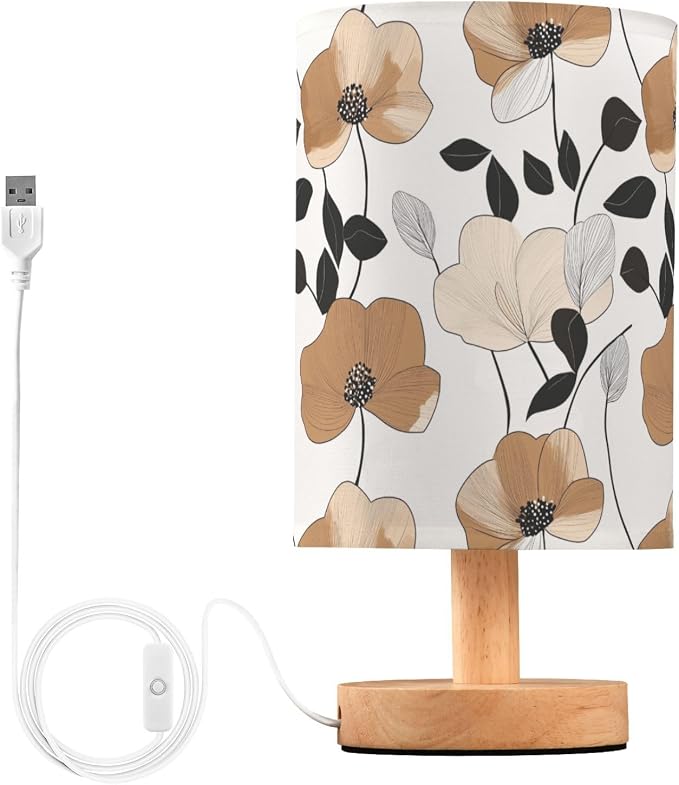 Fustylead Abstract Modern Brown Flowers Elegant Bedside Table Lamps with USB Port for Bedroom Lamp Small Nightstand Lamp Sturdy Linen Shade Wooden Decorative Lamps for Living Room Home Dorm Kids