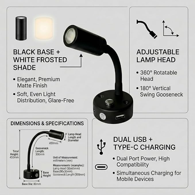 12V RV Reading Light, LED Wall Lamp with Switch, Bedside Light for Camper Trailer Boat,Dimming Function Available When Pressing the Touch Switch continously, Warm Light（2-Pack 3000k） | USB+Type-c,Dimmable,