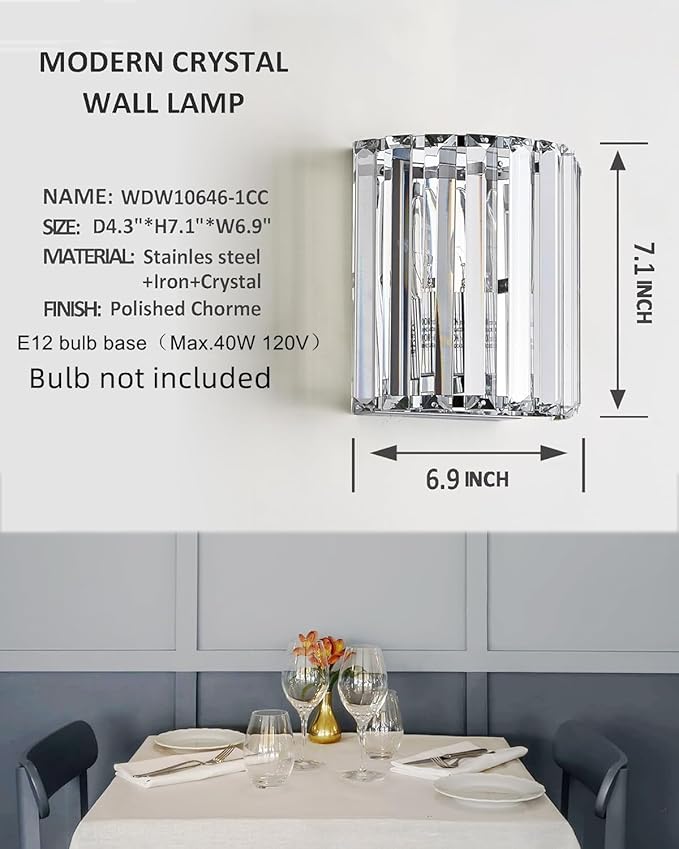 Crystal Wall Sconces Set of Two, Modern Wall Sconce Set of 2 in Chrome Finish, E12 Bases Wall Lamp for Living Room, Bedroom, Bathroom, Hallway, Entryway, Bulbs not Included