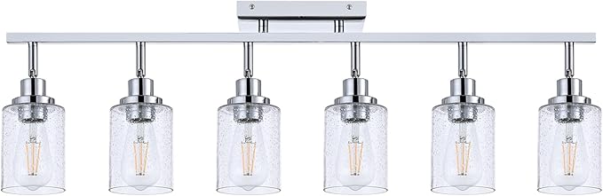 6-Light Track Lighting Kit Chrome Tracking Lights Fixture Ceiling Vanity Light with Seeded Glass Track Lighting Heads, Multi-Directional Rotating Spotlight Fixtures for Kitchen Accent Shop