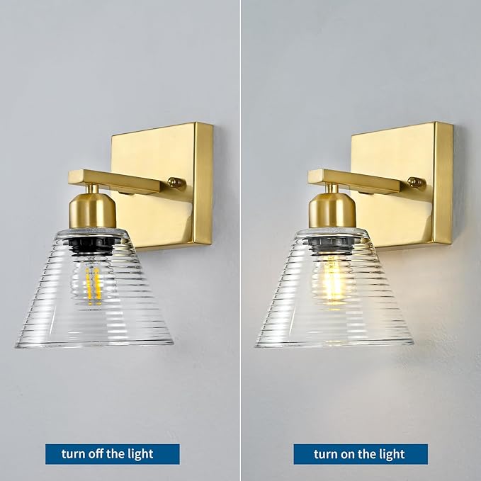1-Light Bathroom Vanity Light, Gold Modern Bathroom Lighting Fixtures with Clear Glass Shade, Farmhouse Wall Sconces for Mirror Kitchen Bedroom Living Room