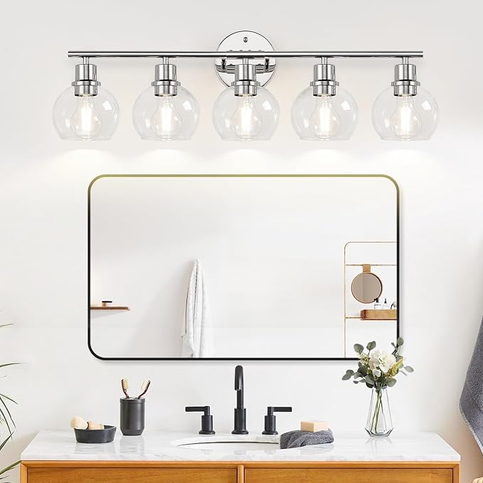 Indoi 5-Light Bathroom Light Fixture, Chrome Bathroom Wall Light with Clear Glass Globe Shades, Modern Vanity Lights Over Mirror for Bathroom, Bedroom, Kitchen, Living Room, Hallway