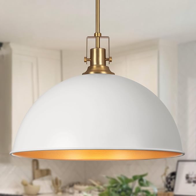 LamQee 18 Inch White and Gold Large Pendant Light Kitchen Island, Farmhouse Modern Dome Pendant Light Fixtures Ceiling Hanging Lighting Chandelier for Dining Room Over Table, Bar, Hallway, Entryway