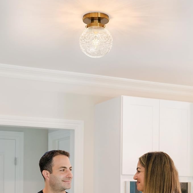 Daunton Small Semi Flush Mount Ceiling Light, Modern Globe Clear Glass Ceiling Light Fixture, Vintage Brass Gold Hallway Light Fixtures for Kitchen, Entryway, Bathroom, Closet
