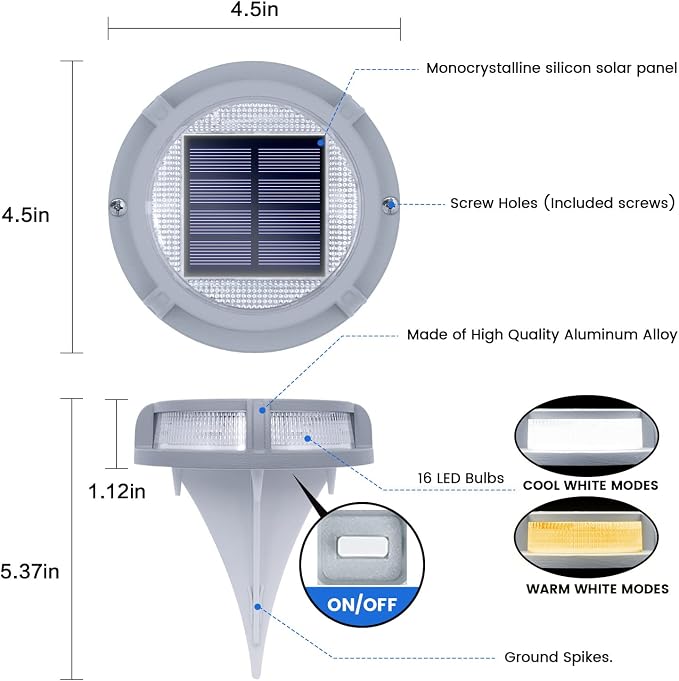 SIEDiNLAR Solar Deck Lights Outdoor 2 Modes 16 LEDs Driveway Markers Dock Light Solar Powered Waterproof for Step Ground Pathway Walkway Stair Garden Road Yard 1 Pack (Cool White/Warm White)