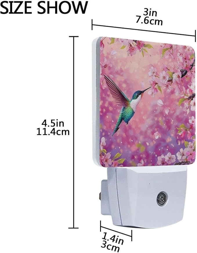Hummingbird Pink Cherry Night Light Dusk to Dawn Sensor LED Night Dimmable Nightlight Lights Plug into Wall for Living Room
