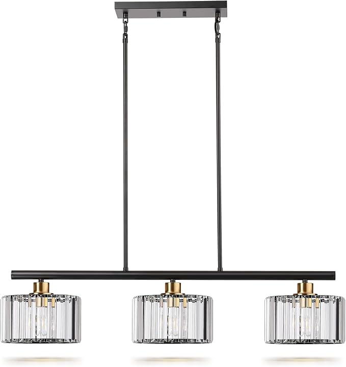TALOYA Pendant Lights Kitchen Island Black and Gold, 3-Light Crystal Pendant Light Modern, Height Adjustable Chandelier Hanging Island Light Fixtures for Kitchen Dinning Room(Bulb Not Included)