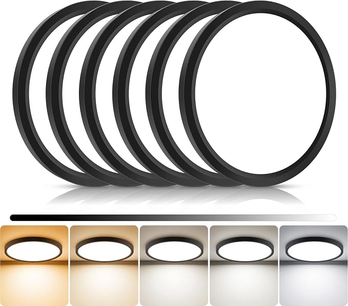 libtit 6Pack 7inch LED Flush Mount Ceiling Light, Dimmable & 5Color Temperatures (3000K-6500K), 15W Round Slim Black Light Fixture for Closet Hallway Kitchen Bathroom Laundry