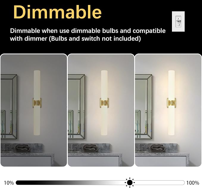 Gold Wall Sconces Set of Two, 32 Inch Bathroom Sconces with Frosted Glass, Modern Sconces Wall Light Fixtures for Bathroom Mirror Living Room Bedroom Hallway (Bulbs Not Included)