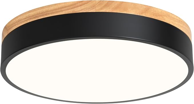 Yiisem Dimmable Wood LED Flush Mount Ceiling Light, Black, 11.8 in | 5CCT 2700K-6000K Modern Close to Ceiling Lighting Fixtures, Round Ceiling Lamp for Bedroom, Kitchen, Hallway, Laundry Room