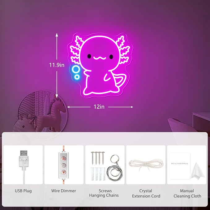 Axolotl Neon Sign, LED Night Light for Kids Room Wall Decor | Cute Bedroom Decor, Gamer Setup, Birthday Party, Nursery Room, Kawaii Style, Soft Glow, USB Powered, Gift Ready