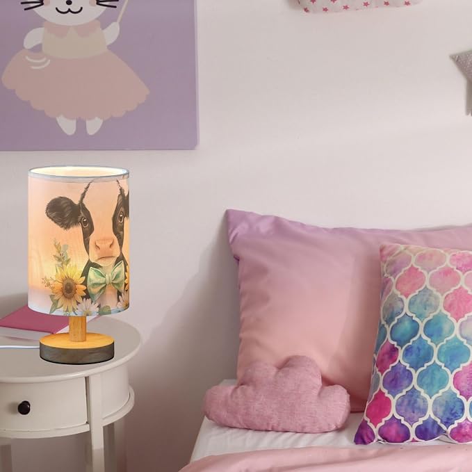 Floral Cute Baby Cow Daisy Sunflower Bedside Table Lamps with USB Port for Bedroom LampSmall Nightstand Lamp Sturdy Linen Shade Wooden Base Decorative Lamps for Nursery Kids Reading Dorm Home