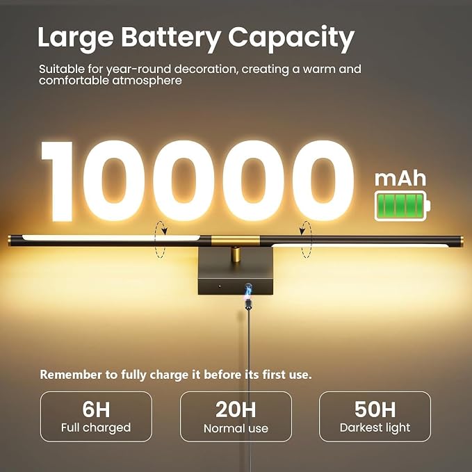 10000mAh Battery Operated Wall Sconces Set of 2, Black Gold, 29 Inch, 3CCT | Renter Friendly, Rechargeable Wall Lights, Remote Control, 360° Rotate, Dimmable, LED Cordless Lights for Bedroom Living Room