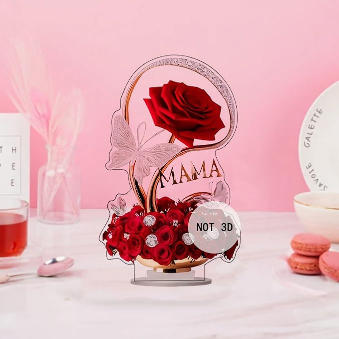 Rose Flower Ornament 2D Flat Acrylic Tabletop Present with Floral Butterfly Designs DIY Crafts Mothers Day Present Home and Office Desktop Ornaments Decorations Supplies