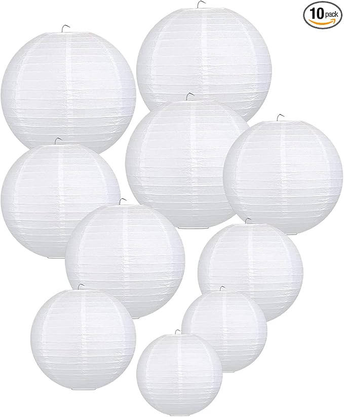 LIHAO 10 Pack White Paper Lanterns, 6/8/10/12 Inch, Wedding Party Decor | Chinese Lanterns, Round Paper Lamp Decoration, Hanging Decor, Birthday New Year, Outdoor Indoor Use