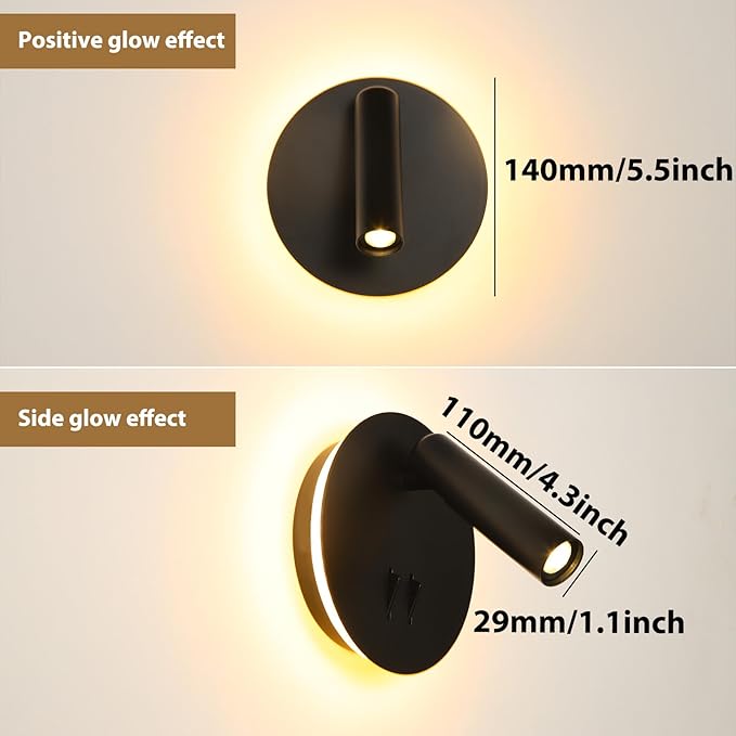 ZEROUNO Hardwired Sconces Wall Mounted Reading Lights with Switch LED Wall Lighting for Bedroom Bedside Lamps (Black)