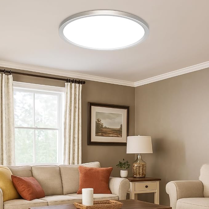 MOONSEA 24-Inch Flush Mount LED Dimmable Ceiling Light Round – 50W | 3000K/4000K/6500K, Brushed Nickel Finish, 0.98in Low Profile Ceiling for Bedroom, Kitchen, Brightness Dimmable with Dimmer