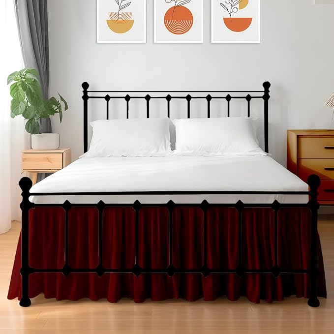 Shreem Linen Ruffled Bed Skirt with Split Corners, Gathered Style, 100% Microfiber, 16-Inch Drop, Dust Ruffle Bedskirt with Platform, Twin, Burgundy