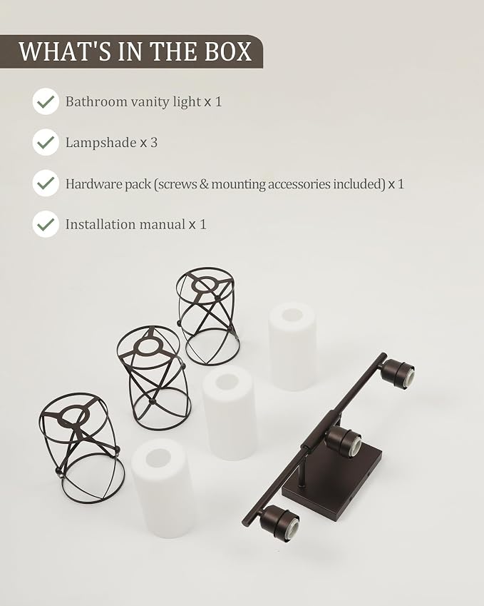 3-Light Oil Rubbed Bronze Bathroom Light Fixtures Over Mirror, 21" UL-Listed Modern Farmhouse Wall Sconce Lights with Milk White Frosted Glass and Metal Cage for Bath, E26, CH9176ORBW-3W