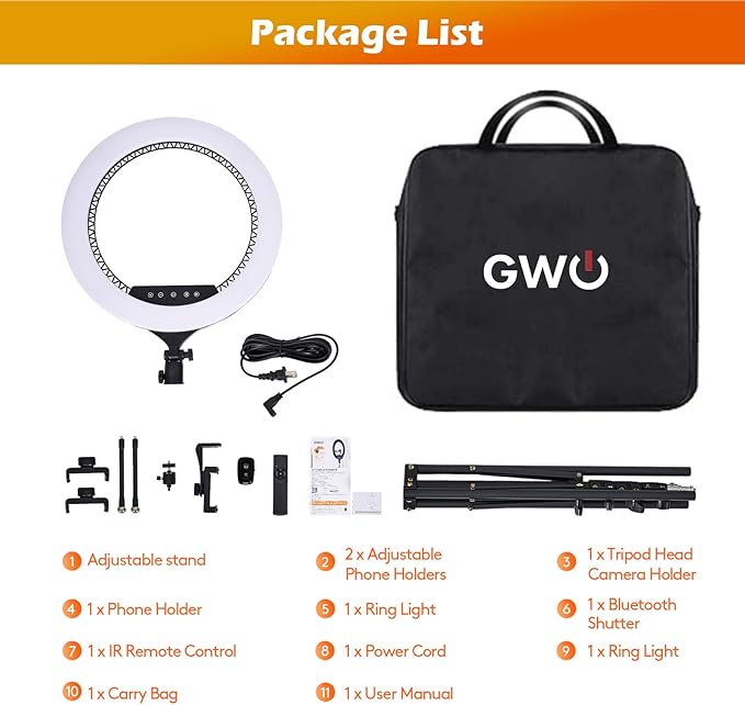 GWO 18 inch LED Ring Light with Tripod Stand 6000K Dimmable Makeup Selfie Light with Touch Panel Phone Holders for YouTube Vlog Video Shooting Include Carrying Bag and Remote Control CRI>90