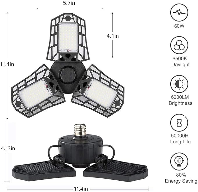 Deformable LED Garage Light - 6000 Lumen 6500K Daylight 60W, Three Leaf Garage Organization Ceiling Lighting, Pack of 4